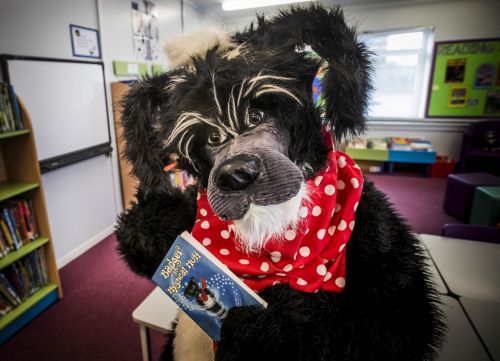 photo of Badger the Mystical Mutt holding the 1st book in the series